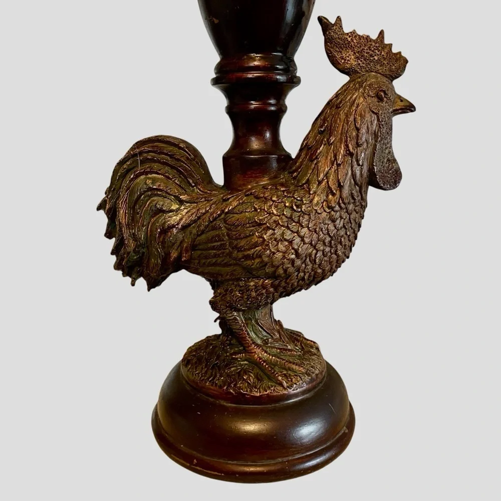 Rustic Rooster Pillar Candle Holder Dark Wood Resin Stand Farmhouse Country 16